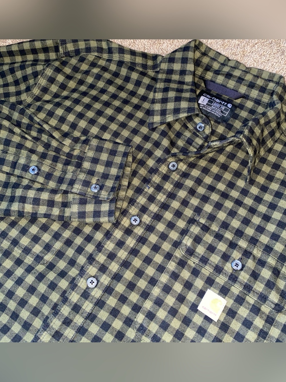 Carhartt Plaid Flannel Shirt Mens L Tall Loose Fit Green Black 100% Cotton Work